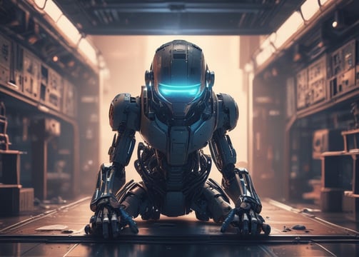 Four small, white robot figures are sitting in a row, each with a laptop in front of them. They have round bodies and blue accents, with 'AI' displayed on their chests. The background is minimal and light gray, emphasizing the robots and their computers.