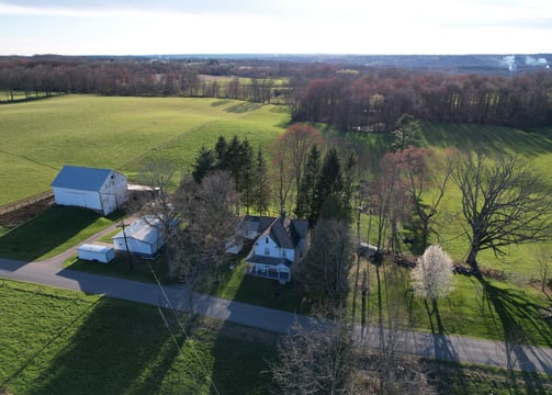 Aerial view of a large farm in the country, featuring a vast field of grass and scattered trees