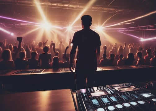 A DJ is performing with a mixing console, surrounded by technical equipment and glowing lights. The background features a large digital display with red patterns and a silhouetted shadow of the DJ.