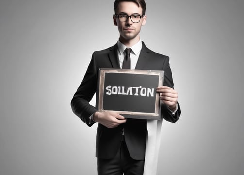 a man in a suit and tie holding a chalkboard with the word solution written