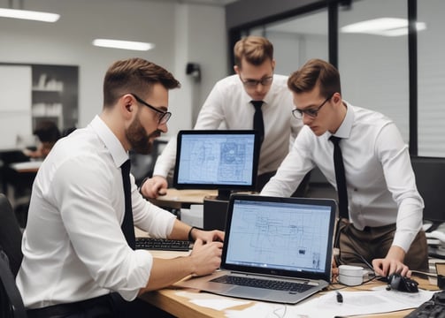 A group of people working at computers in an office, sitting in a row. The space appears modern with white walls, sleek furniture, and bright lighting. Some individuals have headphones on, indicating a focused or collaborative environment.