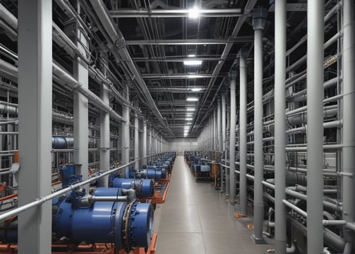 An industrial setting features a dimly lit area with a control box or panel in the foreground, illuminated by a small light. In the background, a blurred view of people passing by a building wall with mounted equipment and small windows can be seen.