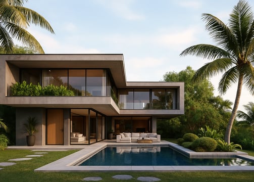 a house with a pool and palm trees