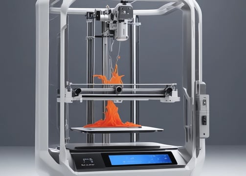 A 3D printer with a blue translucent cover is placed on a reflective surface. It has a rectangular base and an open chamber where the printing mechanism is visible. The power cord extends from the back and it is set against a plain background.
