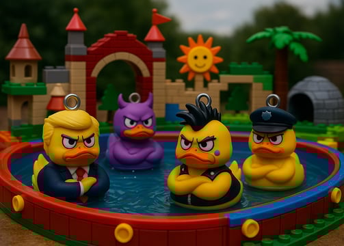 a group of rubber ducklings in a toy pool