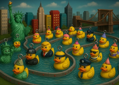 a bunch of rubber ducks in a city park