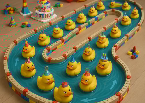 a birthday cake with rubber ducklings in a toy - like shape