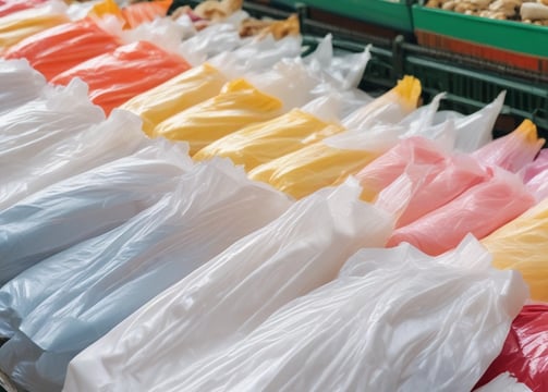 Paper bags with transparent windows are arranged on a wooden shelf, each labeled with product names such as Madeleine and Chestnuts, accompanied by price tags in both English and Chinese.