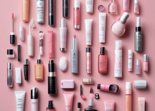 A display of skincare products with CBD ingredients in dark containers and eco-friendly packaging. These include a pump bottle, a small jar, and a box, arranged neatly on a light surface. Nearby is a decorative dried plant and a yellow geometric shape, likely made of paper or cardboard.