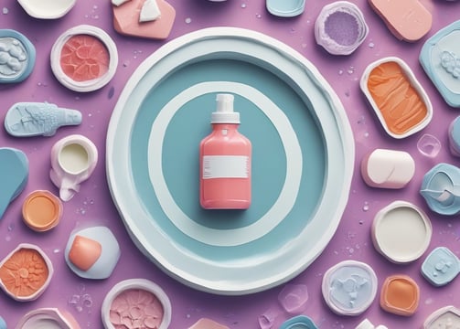 An arrangement of skincare or wellness products placed on a light surface, surrounded by natural elements such as leaves and assorted stones. The products include bottles with pump tops, jars, a spray, and a stick, each with minimalist labels in earthy tones. Dried plant material and small colorful pebbles add a rustic and organic touch.