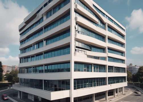 A multi-story hospital building with beige stone or concrete exterior and symmetrical rows of windows. A prominent vertical sign displays the name 'N.H.F HOSPITAL' in large letters. The building also features external staircases and has trees and parked cars in front. The sky is partly cloudy.