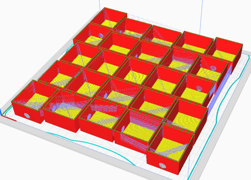 A 3D print build plate filled with potting box designs, previewing the 3D printer tool head paths