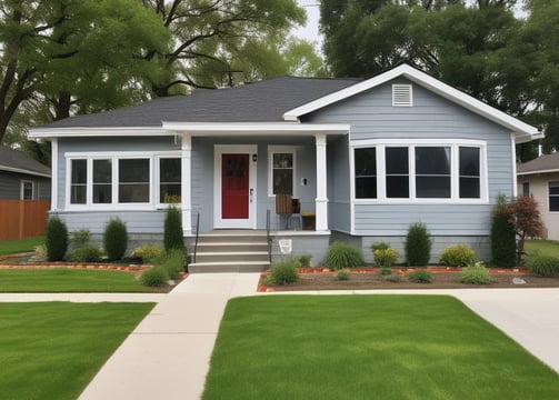 A large, modern house with white walls and red accents, featuring a balcony and several large windows. Palm trees and well-kept landscaping enhance the property, which has a driveway leading to a garage. The sky is clear and the sun casts shadows on the grass lawn.