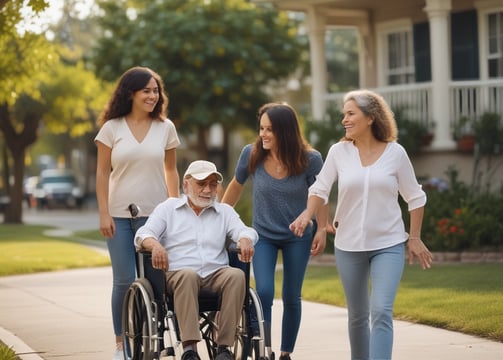 a man in a wheelchair is walking down the sidewalk