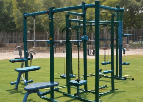 A playground scene with metal fencing featuring diamond-shaped patterns in the foreground. Behind the fence is a structure resembling a playhouse or shed painted in light blue. A colorful playground cart with yellow tires and multicolored benches can also be seen. The ground is covered with grass and there are trees in the background.