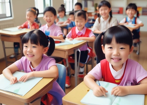 Two children are seated on the floor facing each other in a spacious room with large windows. Both are wearing traditional caps and are engaged in reading or recitation, supported by small wooden lecterns. The room has a reflective tiled floor, a ceiling fan, and a bookcase in the background.