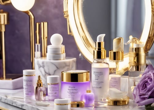 vanity table full of skincare products