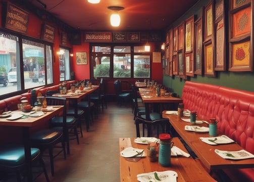 A colorful storefront featuring a wooden porch with a teal railing, furniture like chairs and a small table, and hanging plants in red pots. Above the porch, vibrant signs advertise various services and merchandise under the brand 'Social'. The signs are in a mix of English and another language, offering amenities like a boardroom with a bar, free WiFi, video conferencing, and merchandise such as beer glasses and pickle jars.