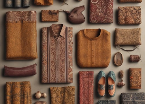A collection of folded clothes laid out on a textured surface, including camouflage shirts and pants, denim jeans, and patterned shirts. There is also a white hat placed on top of some clothing items, and a backdrop featuring a classic red car and a scarf with 'Mickey' written on it.