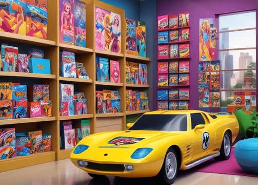 A display of various plush toys resembling characters from a popular animated series is arranged on wooden crates. The large gray plush character sits prominently, surrounded by smaller fluffy toys in white and blue. A framed textile with cartoonish drawings and Asian scripts hangs on the wall to the left.