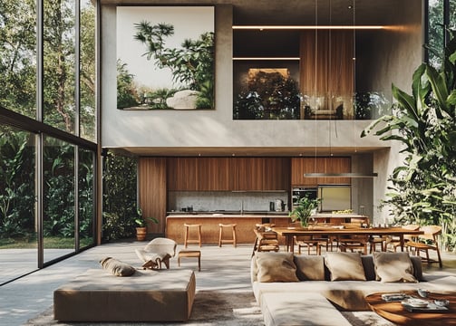 Sala-comedor con diseño de doble altura, acabados de madera y vista a la selva en residencia ecológi