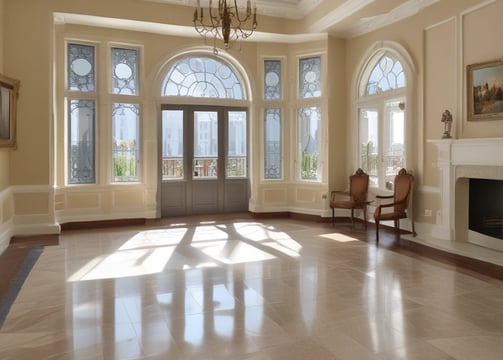 A multi-story building interior with a view of staircases on one side and a curved reception area on the other. The walls are decorated with beige tiles and there are green panels running vertically. A few office chairs and desks are visible in the reception area, and the flooring features dark tiles.