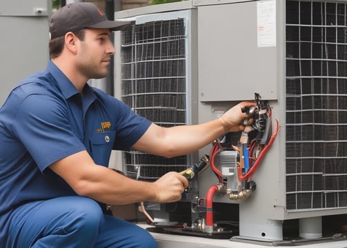 An outdoor air conditioning unit is mounted on a textured wall with various pipes and electrical conduits running above it. The unit is labeled GREE and is connected to a green hose. Below, several empty black plastic crates are stacked haphazardly on a rough concrete surface.