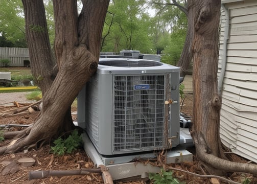 A modern, wall-mounted exterior heat pump unit with a sleek, metallic design is securely attached to the side of a building. The unit features a prominent black grille on its front and is situated above a layer of small rocks bordering the building. This setting suggests installation for heating or cooling purposes.