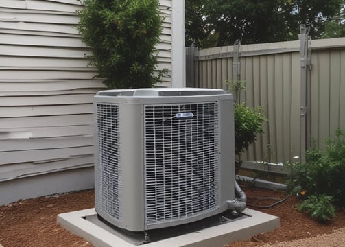 A white air conditioning unit is placed outside against a wall which is partially in shadow. Some branches with leaves are visible emerging from behind the wall. The background features a modern facade with vertical piping and a wire mesh design.