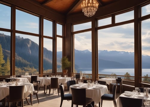  Fine dining restaurant with white table clothes looking out over the mountain scenery.