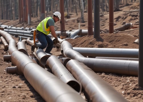 a construction worker is working on a pipe - lined pipe