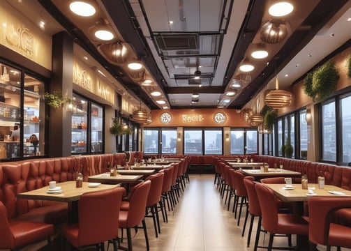 A luxurious dining setup featuring elegantly folded white napkins, sparkling glassware, and floral centerpieces arranged on round tables. The room is adorned with wooden paneling and framed portraits, creating an opulent and classic atmosphere.
