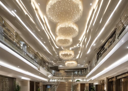 the ceiling of a room with many speakers