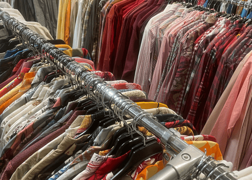 a rack of clothes and clothes hanging on a rack