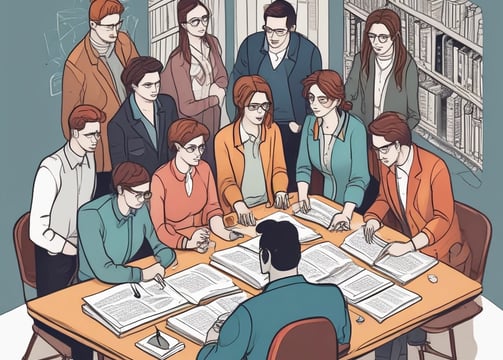 A group of people gathered around a table, where a person in the center seems to be receiving comfort or support. The atmosphere appears intimate and focused, with individuals displaying attentive body language.