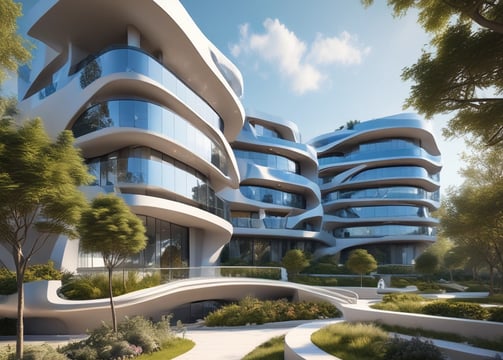 A modern building with a futuristic design featuring sweeping curves and large glass windows. The structure is predominantly white and sits under a clear blue sky. The architecture is reminiscent of mid-century modern design with an emphasis on smooth, aerodynamic shapes.