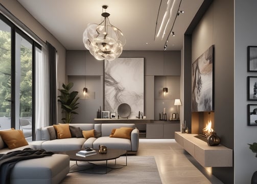 A cozy and modern interior space featuring two light blue armchairs adorned with patterned cushions. A stylish pendant lamp hangs from the ceiling, and a unique branch-like wall decor adds an artistic touch. A large painting depicting a vibrant outdoor scene is mounted on the wooden-paneled wall. A sleek floor lamp with a tripod base stands beside the chairs.