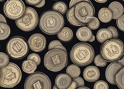 A pile of various cryptocurrency coins is scattered on a surface. The coins display different designs and logos, with a mix of gold and silver colors. Notable graphics include a Shiba Inu image and geometric shapes, representing popular cryptocurrencies.