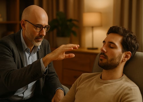 a man sitting in a chair hypnotised with a man pointing at something