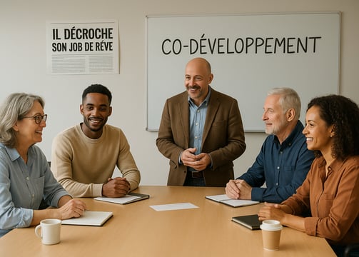 a group of people sitting around a table for a co-devepoment coaching