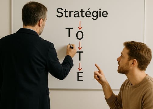 a PNL specialist pointing at a strategy board with a strategy board