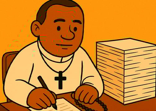 Ilustração de padre analisando registros antigos sobre escravidão e história local