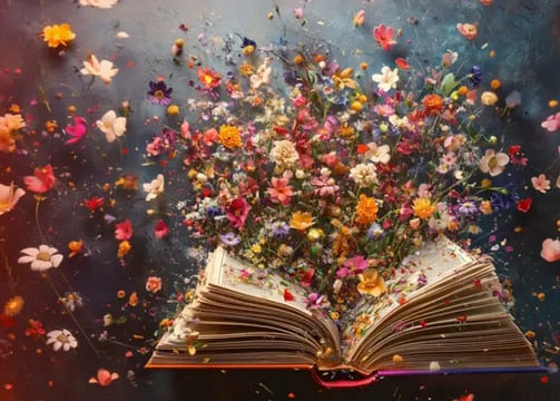 Flowers emerging from book pages.