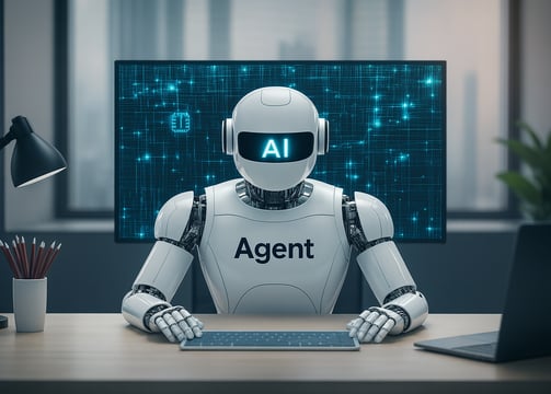 Humanoid AI robot labeled “Agent” sitting at an office desk with a digital screen in the background, representing artificial 