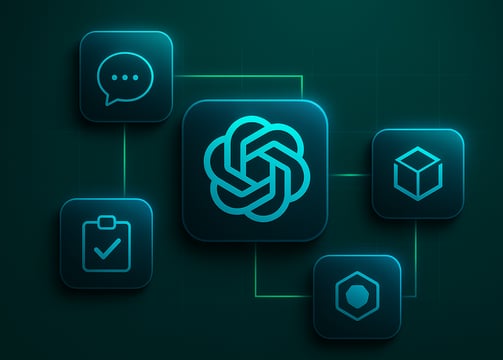 Network diagram with OpenAI logo at the center, connected to chat, task, and cube icons, symbolizing integrated AI solutions.