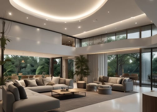 Intricate interior architecture with sculptural columns and railings, illuminated by a warm, ambient light that creates a play of shadows. The design features angular and organic shapes with a combination of smooth and textured surfaces.