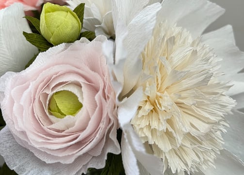 close-up view of a crepe paper flower bouquet 