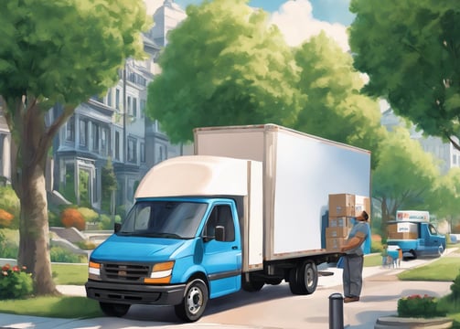 A large delivery truck and a smaller blue van are parked on the side of a road next to a park. A person is standing near the truck's door. Several packages and boxes are placed on the ground between the vehicles. The surrounding area features green trees and a small water fountain within a park setting.