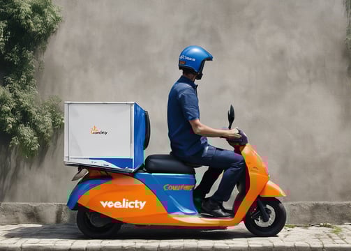 A delivery person is reclining on a blue scooter with a large Lazada-branded cargo box. The person is casually using a smartphone. The cargo box features a green and orange logo and the text 'Ship xanh, giao nhanh'. The setting appears to be an outdoor location with a worn plaster wall and some grass and stones on the ground.