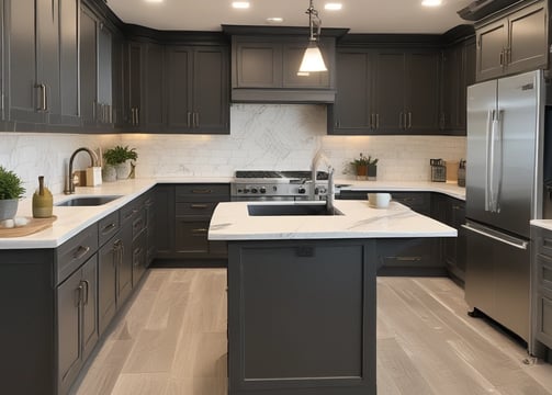 A modern kitchen features a central island with four wooden stools. The cabinetry combines white and natural wood finishes. Black pendant lights hang above the island. The space includes built-in appliances and a large sink. A stairway with a glass railing is visible to the left.